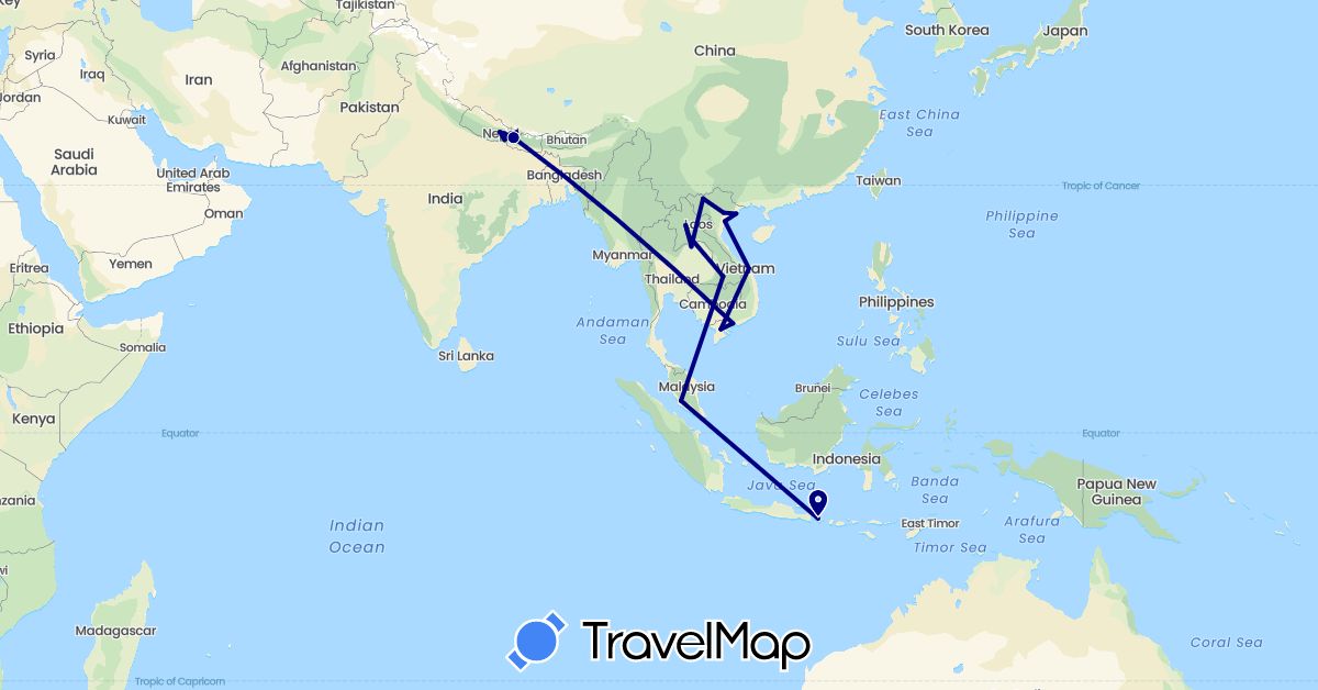 TravelMap itinerary: driving in Indonesia, Laos, Malaysia, Nepal, Vietnam (Asia)